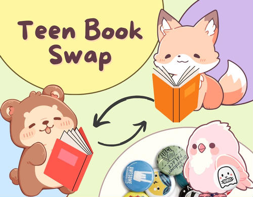Cartoon animals with books and buttons.