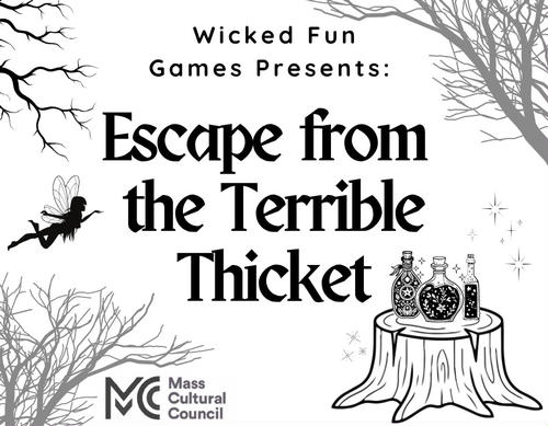 Black and white cartoon image of a fairy and potions in a forrest.