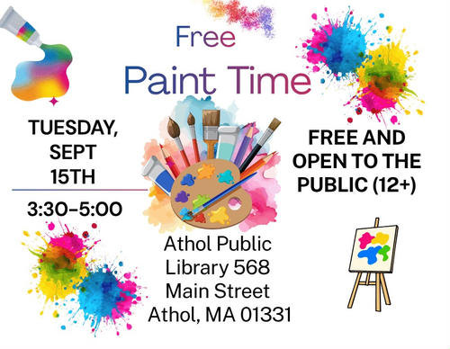 A border of paint splotches of color around the title of the event and age range.